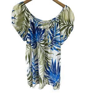 One Papaya Hawaiian Floral Tropical Leaves On Off Shoulder Ruffle Peasant Top XL